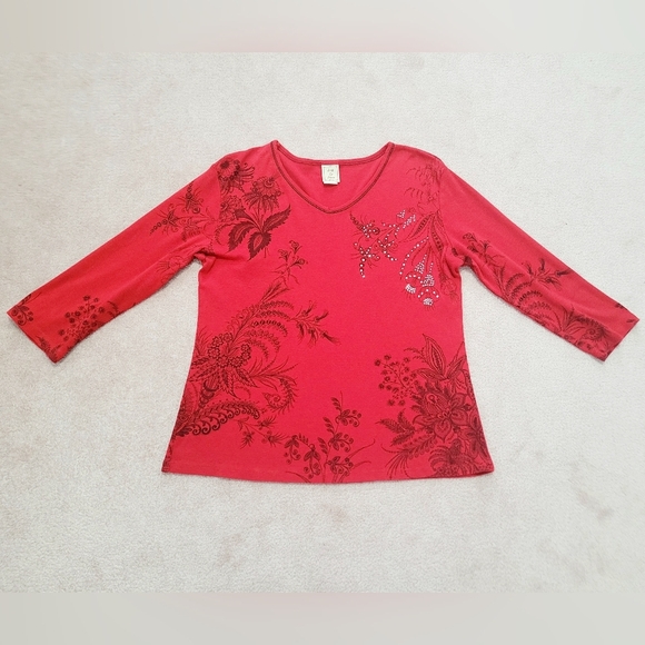 Jess & Jane Laceworks Red Floral Print 3/4 Sleeve Top Women’s Medium USA Cotton - Picture 5 of 11